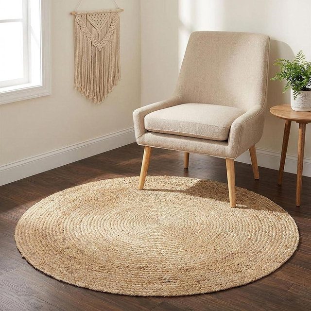 · REDEARTH · Round Area Rug - 4 Feet Braided Natural Jute with Non-Skid Backing - Handwoven Boho Rug for Bedroom, Kitchen, Living Room - Farmhouse Aesthetic Home Decor - Durable Handmade Rug