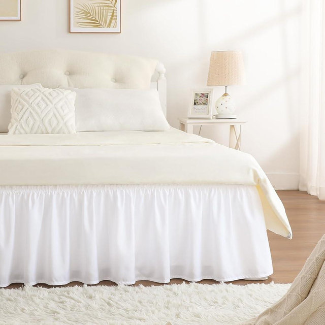 RIMELA White Bed Skirt Queen Size 12 Inch Drop, Elastic Bed Skirting for Bed Base and Frame, Bedding Dust Ruffle Easy to Install, Lightweight Wrap Around Adjustable Bedskirt