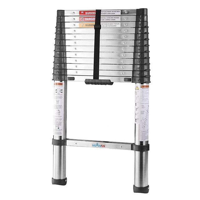 MEANFUN Stainless Steel Telescoping Ladder, 12.5 FT Extension Collapsible Ladder with One-Button Retraction, Slow Down Design Compact Telescopic Ladder for Home or RV Work, 330LBs Capacity