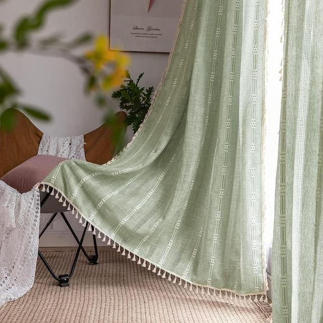 Sage Green Boho Curtains for Bedroom Living Room 63 Inches Long Farmhouse Linen Curtains 2 Pannels Window Curtain Panel, Bohemian Tassel Curtain Drapes, 55" W x 63" L,Sage Green