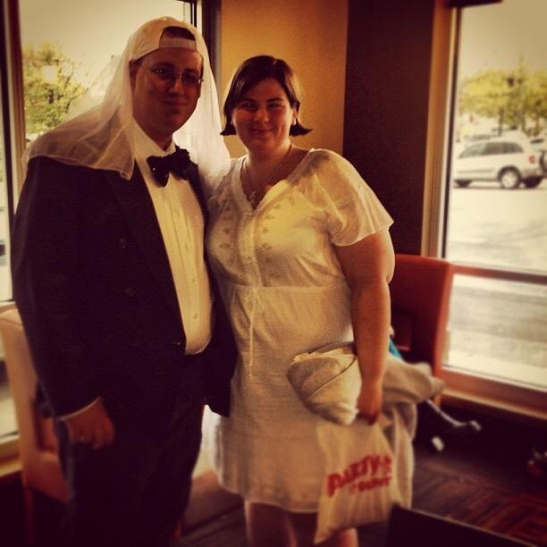 Doing a task for GISH at Starbucks. We had to stand still in Starbucks in Wedding Attire for 20 minutes without moving! (2012)