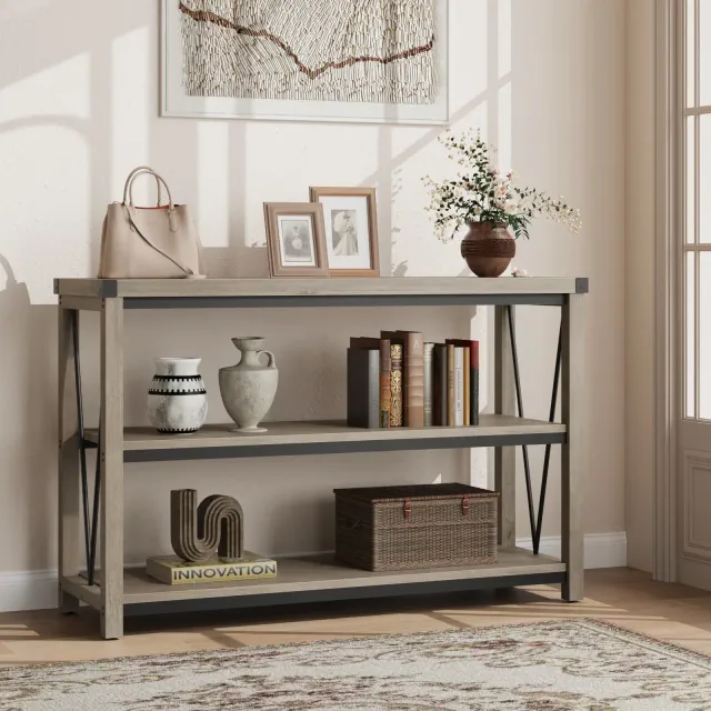 Farmhouse Long Console Table, 47Inch 3-Tier Entryway Table with Storage Shelves, Rectangular Sofa Table for Hallway, Gray Entry Tabley