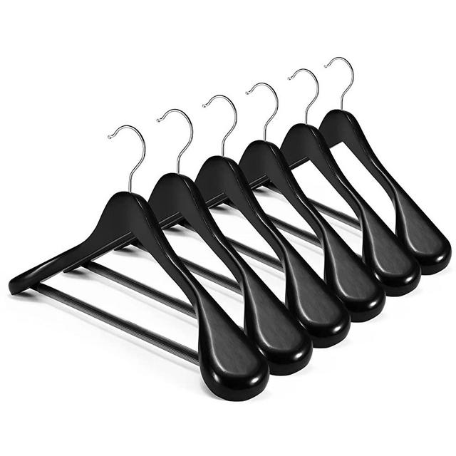 HOUSE DAY High-Grade Suit Hangers, Wide Shoulder Wooden Hangers with Non Slip Pants Bar, Smooth Finish 360° Swivel Hook Solid Wood Coat Hangers for Dress, Jacket, Heavy Clothes Hanger 6 Pack (Black)