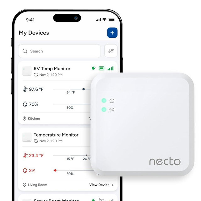 Necto RV Pet Temperature Monitor - No WiFi Required - Remote Power Outage & Temp Sensor with App Alerts. Cellular Monitoring System for Car, Home Safety & Server Room (Subscription Required)