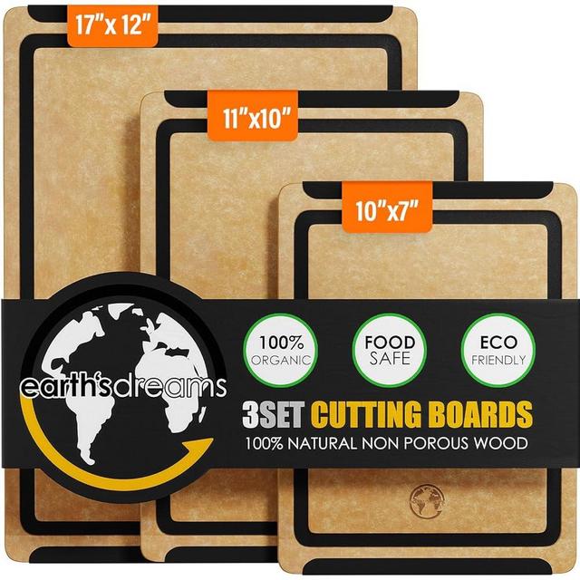 Earth’s Dreams Wood Cutting Board Set 3-Piece: Small, Large & Extra Large - Charcuterie Board, Non-Plastic, Non-Toxic, Heavy-Duty, Dishwasher Safe (Tan/Black)
