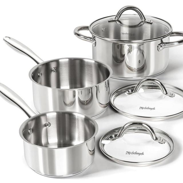 MICHELANGELO Saucepan Set 6pc, 18/10 Stainless Steel Saucepans with Lids, Tri-Ply Bottom, Dual Handle 3QT, Induction Compatible Sauce Pots, 1QT & 2QT & 3QT