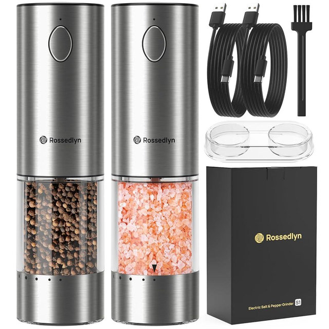 Rossedlyn Electric Salt and Pepper Grinder Set Rechargeable with 6 Adjustable Coarseness, Upgraded Larger Capacity, Stainless Steel Automatic Pepper and Salt Grinder Mill White LED lights 2 Pack-S1