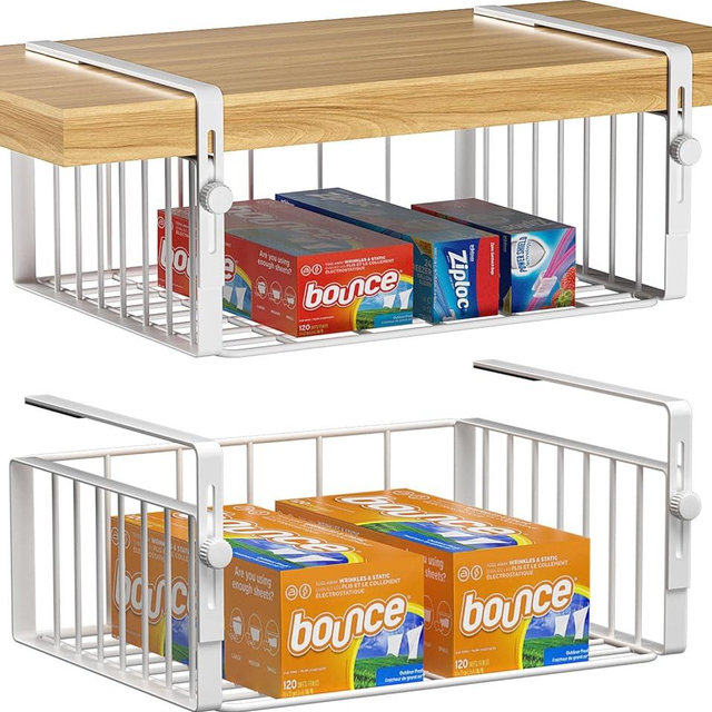 AmonHouseware 2Pack Under Shelf Basket Organizer,Adjustable Hanging Holder Storage for Cabinet Pantry Kitchen Cupboard Desk Counter Bookshelf Organization Add-on Space Saver Heavy Duty Slide-in,White