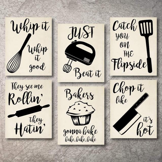 Home Decor Funny Gift 6 Kitchen Wall Art Prints Kitchenware with Sayings Unframed Farmhouse Home Office organization Signs Bar Accessories Decorations sets white house Deco Kitchen Decor (5"x7")