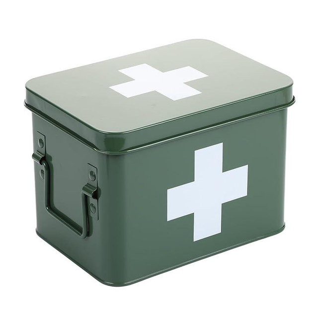 Lassos Boutique Retro Enameled First Aid Box for Medicine Storage and Home Decor with Lid and Removable Tray (Green/White)