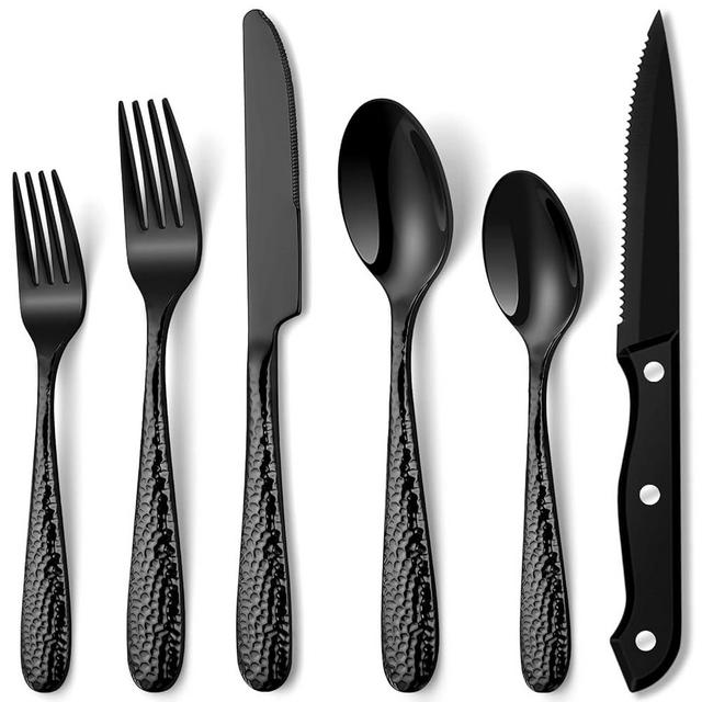 Hammered Black Silverware Set, EUIRIO 48-Piece Flatware Set for 8, Heavy Duty Stainless Steel Cutlery Set, Food-Grade Utensil Sets Includes Spoons Forks and Knives, Mirror Finish Dishwasher Safe