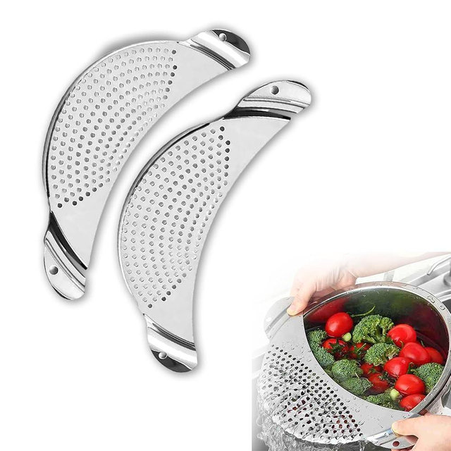 Pot Strainer Stainless Steel 2 Pack, Pasta Strainer, Metal Food Strainer for Noodles Fruit Veggies, Suitable for Pots or Containers Up to 10 Inches