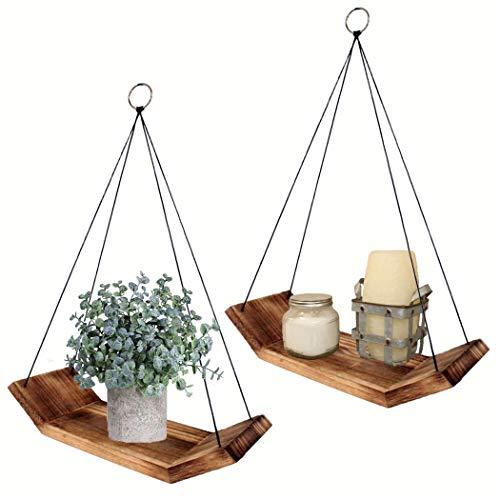 Modern Living Wood Hanging Shelves - Set of 2 Solid Wooden Farmhouse Decor Floating Shelves - Boho Hanging Plant Shelf - Bathroom Wall Decor for Bedroom - Rustic Kitchen Triangle Rope Shelves for Wall