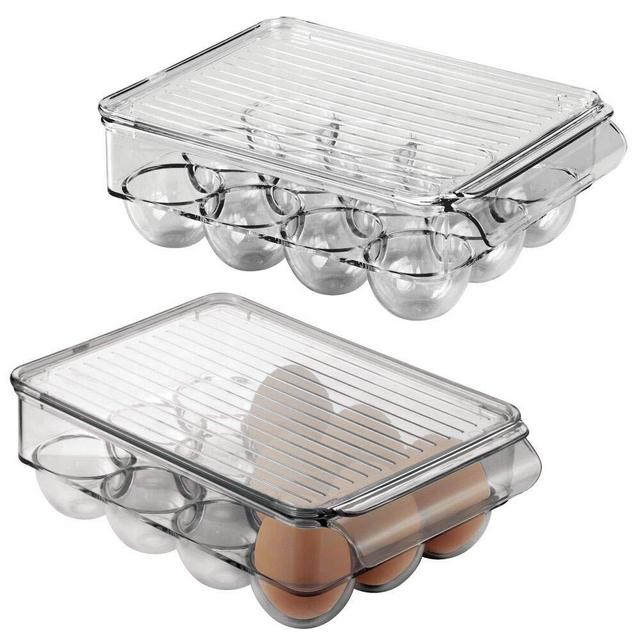 mDesign Stackable Plastic Covered Egg Tray Holder, Storage Container and Organizer for Refrigerator, Carrier Bin with Lid with Handle - Holds 12 Eggs - 2 Pack - Smoke Gray