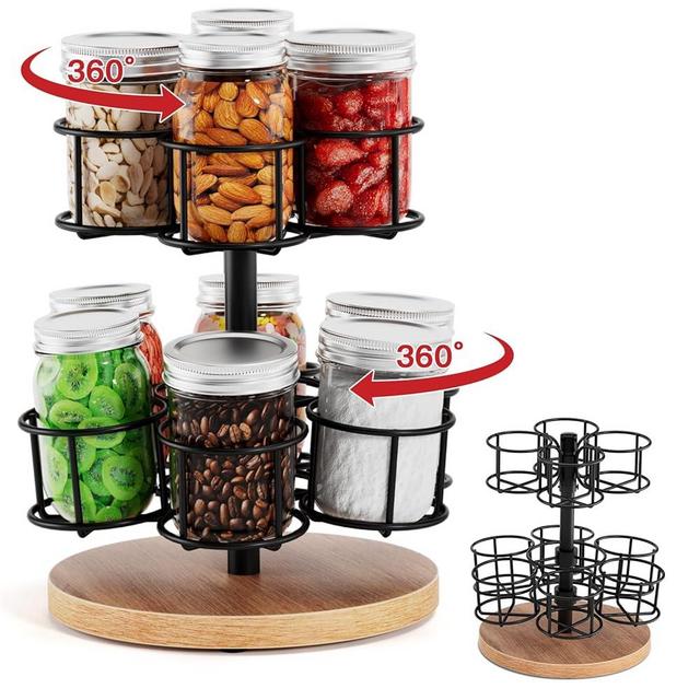 afontoto 2-Tier Rotating Mason Jar Rack for 16oz Canning Jars, Wooden Base Lazy Susan Organizer for 16 oz Overnight Oats Containers, Space-Saving Shelf Storage for Kitchen & Dining Table