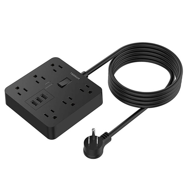 9.8 Ft Extension Cord Surge Protector, TESSAN 6 Outlets with 3 USB Ports Flat Plug Power Strip, 1625W, 13A, 1700 Joules, Desktop Black Power Cord for Indoor, Home and Office Accessories