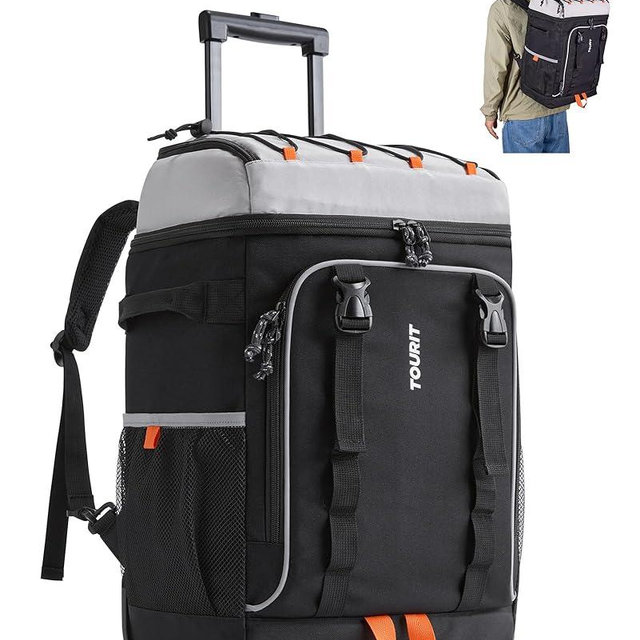 TOURIT 50-Can Rolling Backpack, Double Deck & Dual-Bar Handle Travel Soft Cooler Bag with Wheels for Women, 30L Space Beach Cooler Size 18"(15"+3")×13"×11"