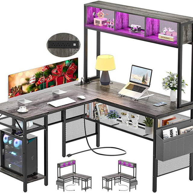 Unikito L Shaped Computer Desk with LED Strip and Power Outlets, Reversible L-Shaped Corner Desk with Storage Shelves and Bag, Industrial Home Office Desk Gaming Table with USB Port, Black Oak