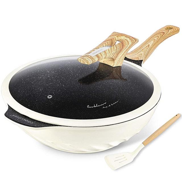 Chinese Wok Nonstick Die-casting Aluminum Scratch Resistant 100% PFOA Free Induction Woks And Stir Fry Pans with Glass Lid 12.6Inch,5.9L,5.6lb - White