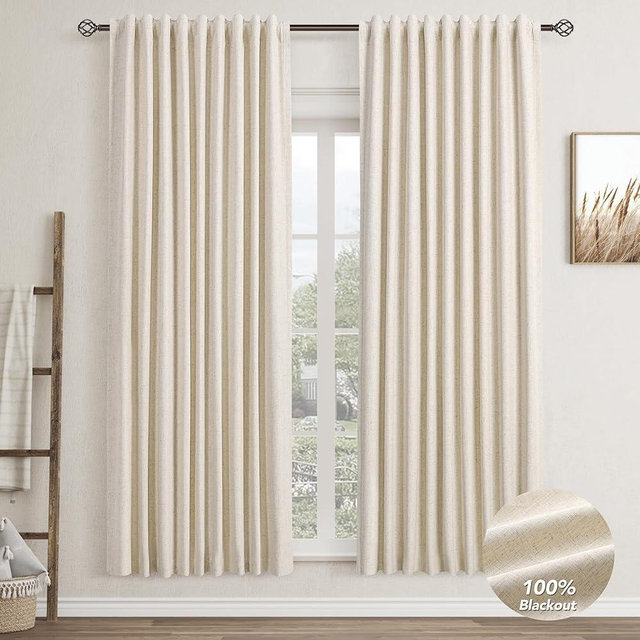 Beige Linen Blackout Curtains for Bedroom 72 Inch Length 2 Panels Set Back Tab Pocket Neutral Farmhouse Living Room Darkening Curtains Track System Thermal Insulated Black Out Drapes 52x72