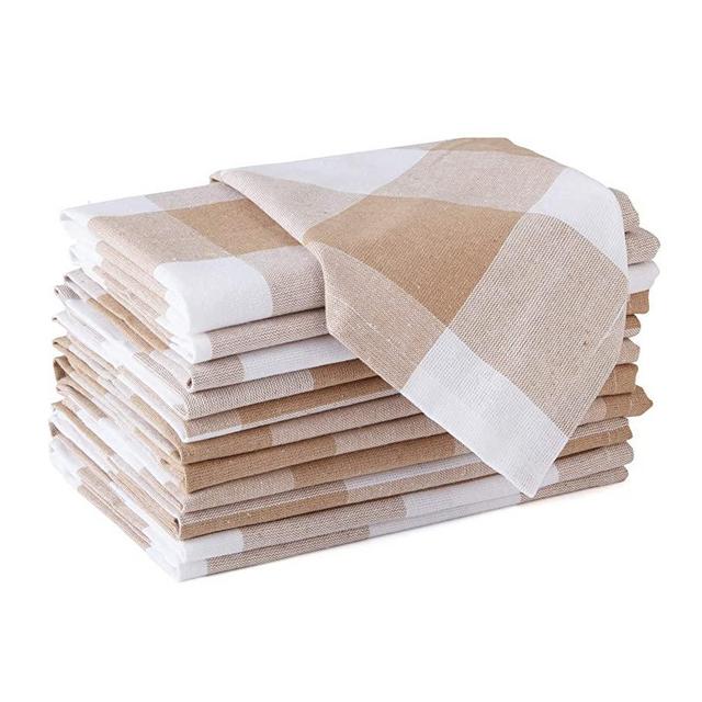 Encasa Homes Dining Table Napkins 12 pcs Set of Large 17 x 17 inch - Buffalo Beige Checks - Heavy Eco-Friendly Cotton, Homespun Fabric, Machine Washable for Dinner, Party, Restaurant & Banquet