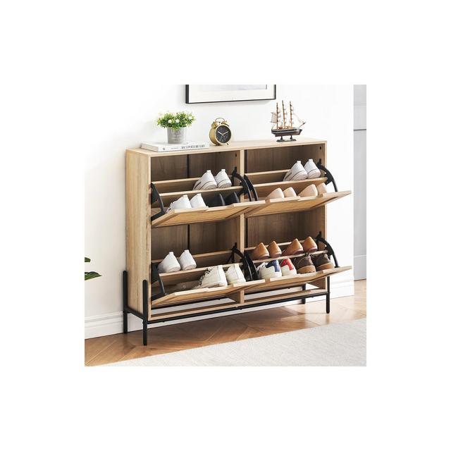 Whizmax Natural Rattan 4 Flip Door Shoe Cabinet Organizer Freestanding, Shoe Rack Storage Cabinet for Entryway with 3-Tier Adjustable Shelves