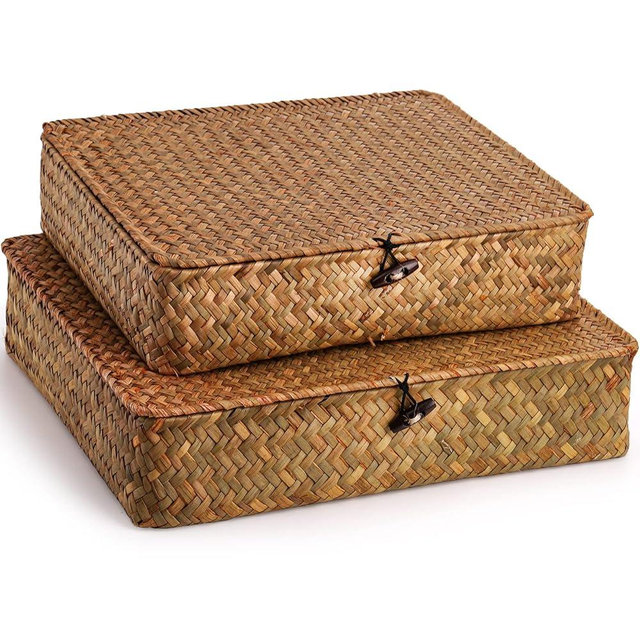 Elsjoy 2 Pack Seagrass Baskets with Lid, Wicker Storage Baskets Flat Rattan Storage Bins, Woven Organizer Baskets for Shelf, Closet, Bedroom