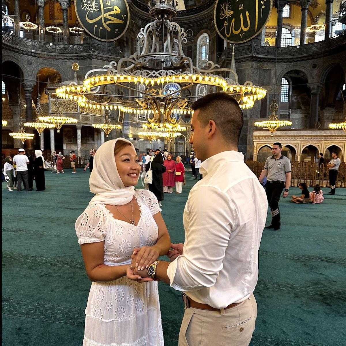 Receving our blessing from Zhanna's grandmother at the Hagia Sofia.