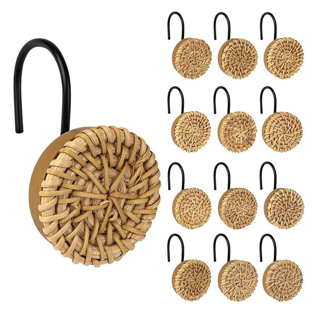 Sunlit Boho Decorative Shower Curtain Hooks, Woven Wicker Ratten Shower Curtain Rings with Black Hooks for Bathroom, Farmhouse Shower Curtain Hangers Bathroom Accessories, Set of 12