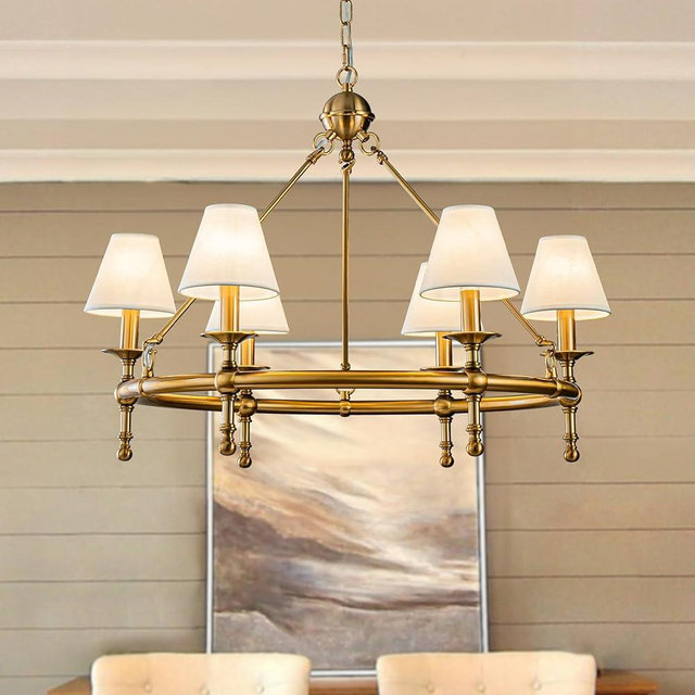 ALOADECOR 6 Lights W34 Vintage Brass and White Pleated Fabric Chandeliers for Dining Room Mid Century Modern Large Round Chandeliers for Classic Living Room