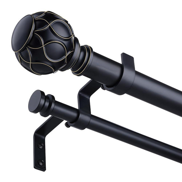 Black Double Curtain Rod, 36 to 72 Inch Dual Curtain Rods with Boho Netted Texture Finials, Decorative 1 Inch Adjustable Window Treatment Rods, Antique Vintage Farmhouse Double Drapery Pole