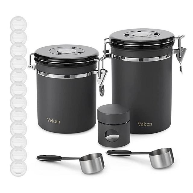 Veken Coffee Canister, 2 Piece Airtight Stainless Steel Coffee Container with Date-Tracker, Measuring Scoop, One Way Co2 Valve ＆ Travel Jar, 22oz+16oz+1.1oz, Grey