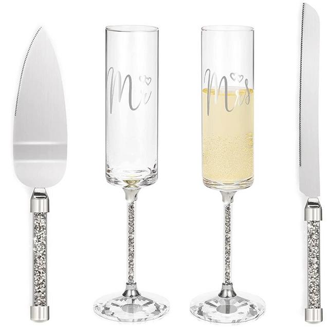 ROXBURGH Wedding Champagne Flutes and Cake Knife Server Set, Modern Style Bride and Groom Champagne Flutes Glasses Engraved Mr and Mrs, Cake Cutting Set for Wedding Engagement Gifts