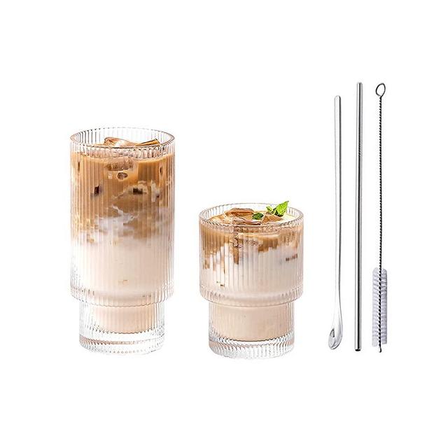 Glass Cups Vintage Glassware, Origami Style Transparent Cocktail Glasses Set, Bar Beverages Ice Coffee Cup Juice Drinkware (S+L)