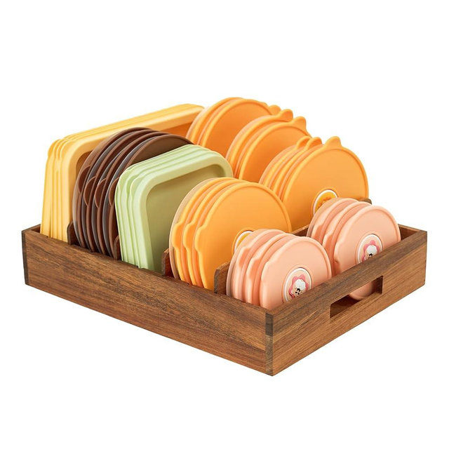 RosiRoli Acacia Wood Lid Organizer with 5 Adjustable Dividers – Kitchen Storage System for Plastic Lids, Food Containers & Dishes, Gift for Birthday, Wedding, Housewarming