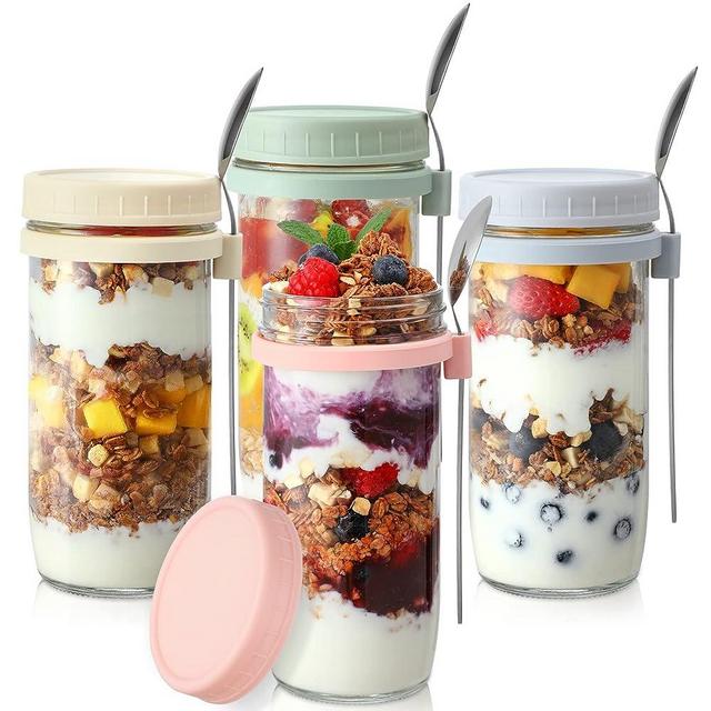 LANDNEOO 4 Pack Overnight Oats Containers with Lids and Spoons, 24 oz Glass Mason Jars for Overnight Oats, Large Capacity Airtight Jars for Milk, Cereal, Fruit