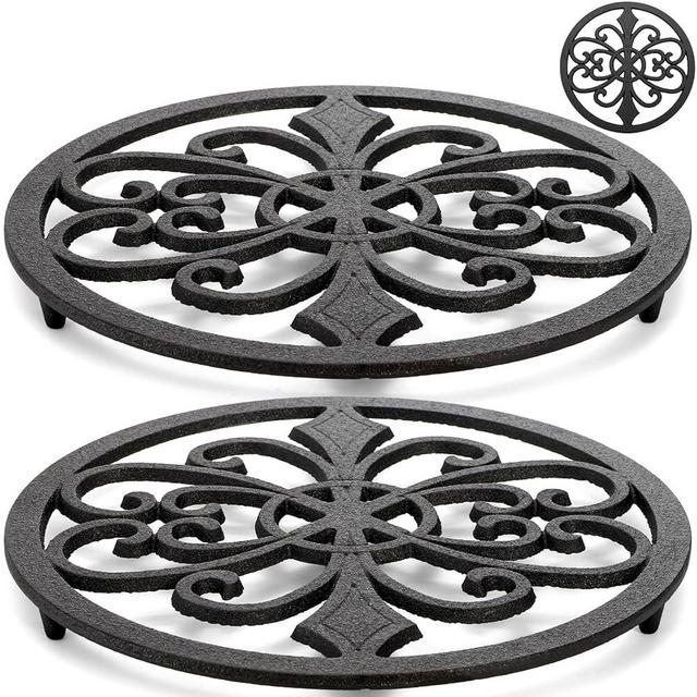 Kingrol 2-Pack Cast Iron Trivets, 8 Inch Heat-Resistant Metal Pot Holders for Hot Dishes, Protect Countertops & Dining Tables, Rustic Farmhouse Kitchen Decor