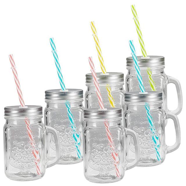 Tosnail 6 Pack 16 Oz. Mason Jar Mugs with Handle, Tin Lid and Plastic Straws - Old Fashion Drinking Glasses for Party or Daily Use