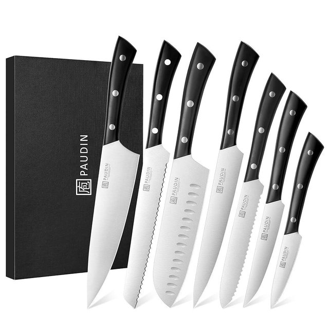 PAUDIN Kitchen Knife Set, 7 Piece Chef Knife Set, High Carbon Stainless Steel Kitchen Knives, Ultra Sharp Knives Set for Kitchen, Precise Cutting, Durable with Ergonomic Handle, Black
