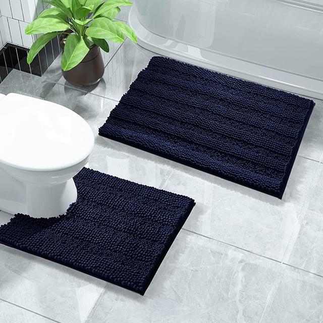Yimobra Luxury Chenille Shaggy Bathroom Rug Set, 2 Pack Soft Fluffy Plush U Shaped Toilet Bath Mat, Extra Thick, Non-Slip, Water Absorbent, Machine Washable (Navy Blue, 20" x 32"+20" x 24.4")