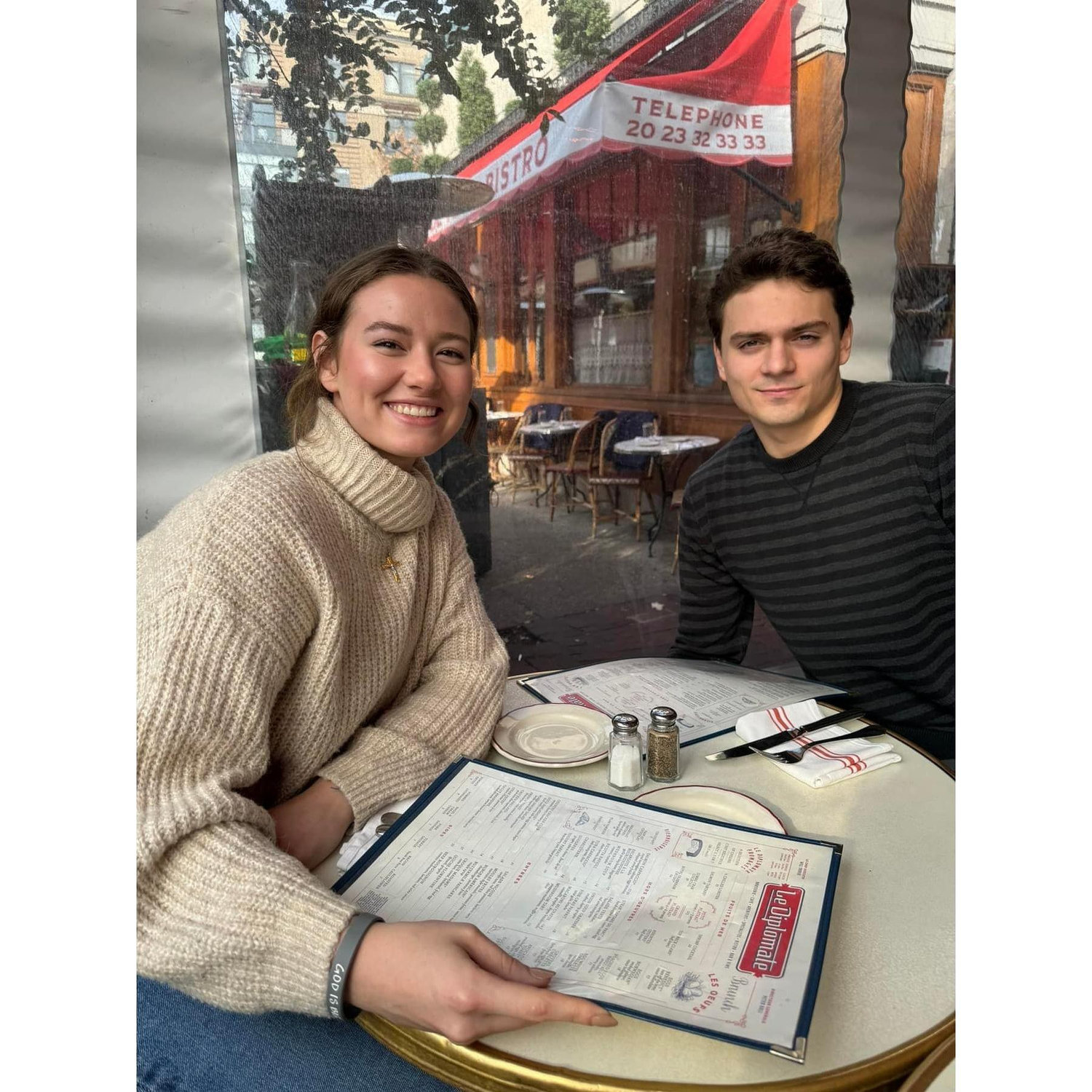 Breakfast at a French bakery - we're in matching sweaters!