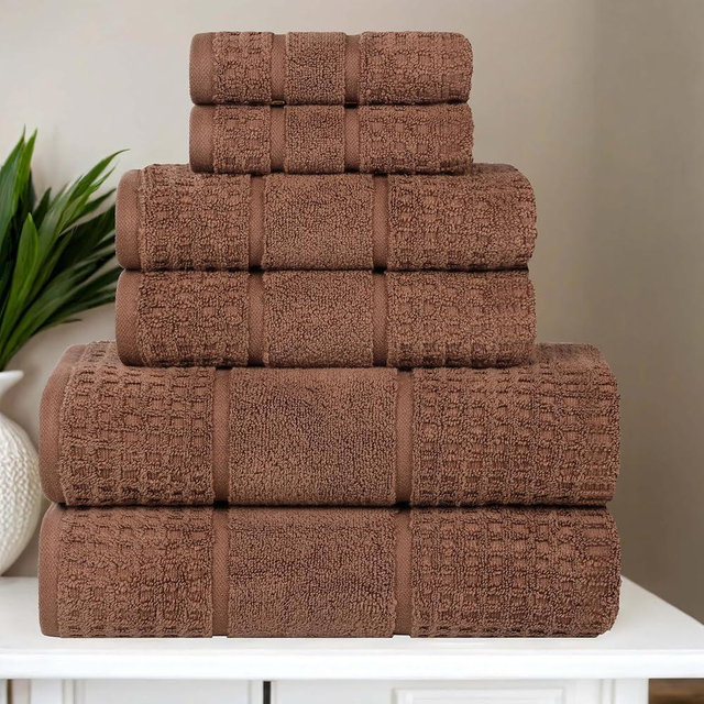 Superior Cotton 6-Piece Towel Set, Zero Twist, Waffle Border, Bathroom Essentials, Shower, Spa, Luxury Plush Soft Absorbent Towels, Includes 2 Bath, 2 Hand, 2 Washcloth/Face Towels, Chocolate