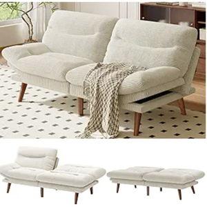 AMADA 66"Convertible Futon Sofa Bed, Corduroy Folding Futon Set with Adjustable Backrest &Armrests, Recliner Lounge for Living Room, Apartment or Office, Solid Wood Frame, Loveseat Sofa - Beige White