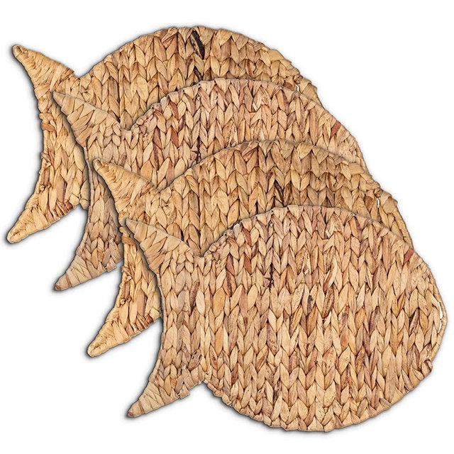 Woven Placemats - Fish Placemats for Dining Table - 12"x17" Water Hyacinth Nautical Placemats Set of 4 - Large Wicker Placemats for Beach Table - Rattan Placemats - Beach Theme Placemats