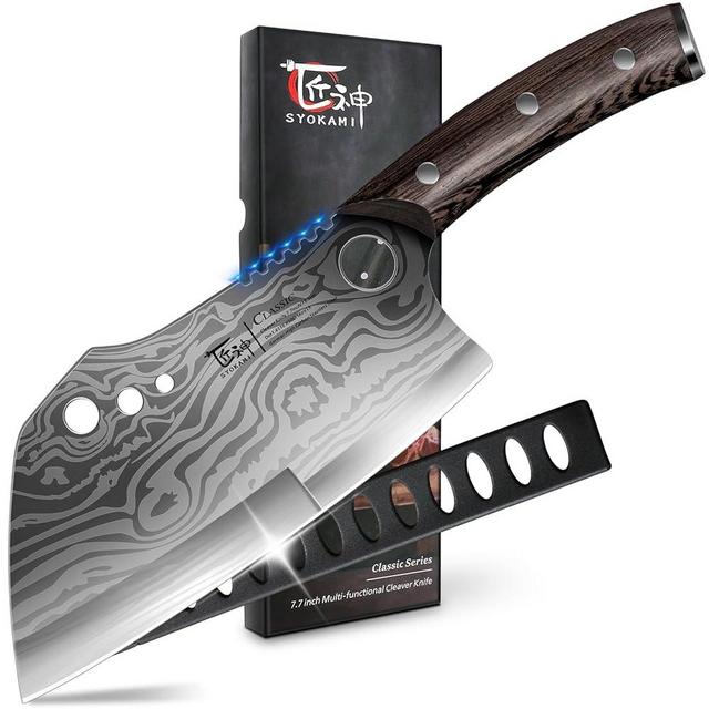 SYOKAMI Meat Cleaver Chef Knife with Sheath, 7.7 Inch Butcher Knife with Herb Stripper, Chopping Knife Heavy Duty Bone Cutting, Damascus Pattern Full Tang Wood Handle, Mother's Day Gifts