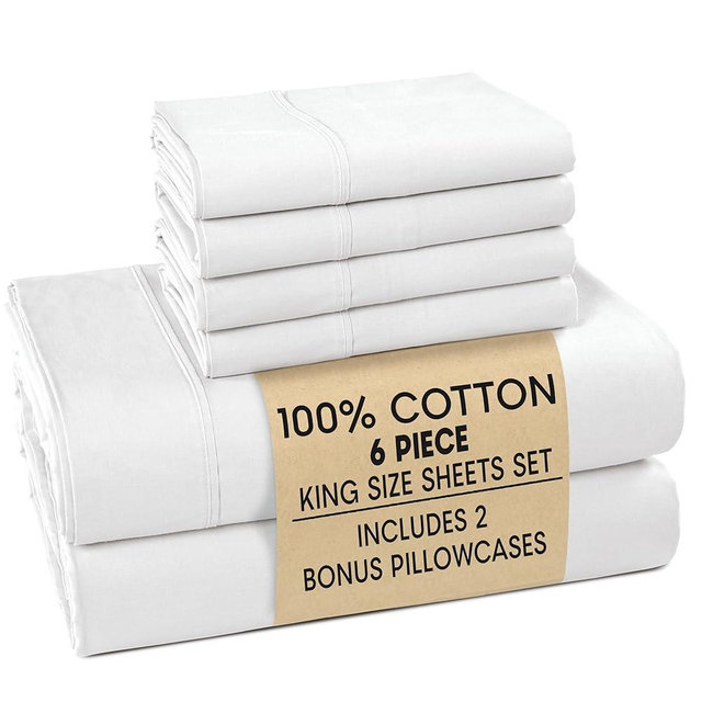 Casa Platino King Size Sheets Set –100% Cotton King Sheets with 4 Pillowcases, Lightweight Feel & Secure Fit, Crisp & Breathable Percale Weave with 15" Deep Pocket, Soft and Cozy – Pure White