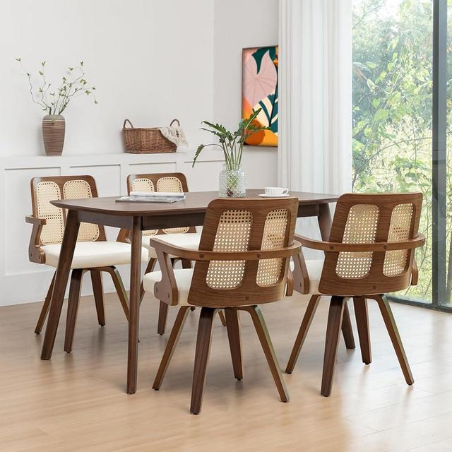 Set of 4 Walnut Dining Chairs - Swivel Rattan Dining Chairs with Bentwood Frame with Ergonomic Cane Back, Curved Arms, MCM Dining Chair for Kitchen/Restaurant/Living Room/Conference (Walnut Beige)