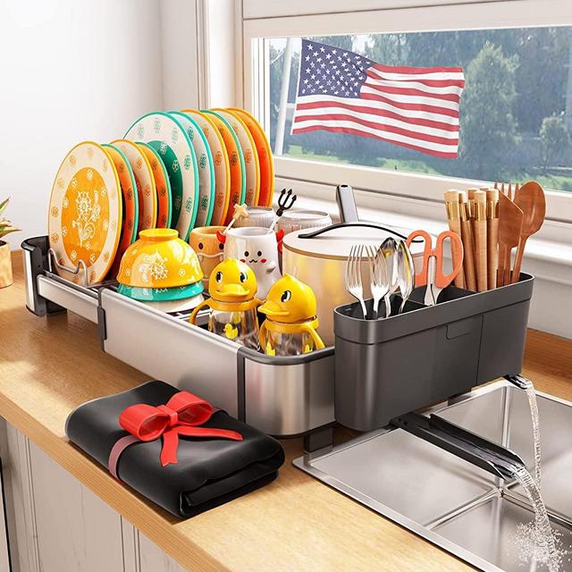 1Pcs Dish Drainer,Dish Drying Rack with Drainboard,2 Tier Dish Rack for  Kitchen Counter, Dish drainers for Inside Sink, Large Dish Strainers with 2  Cup Holder,Extra Drying Mat(Black)