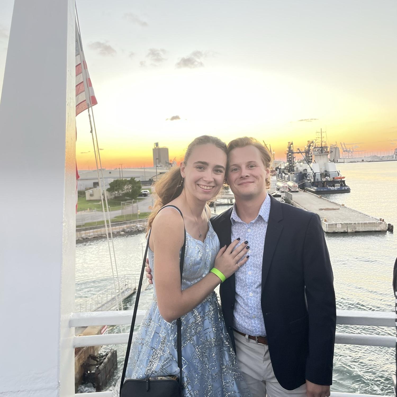 Kristen and Sean on the FIJI Casino Cruise. They saw a SpaceX rocket launch from Cape Canaveral AND a SpaceX Booster rocket on its way back to land!