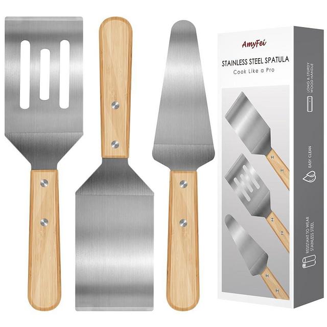 3 Pieces Stainless Steel Spatula Set,Metal Spatula for Cast Iron Skillet,Metal Spatula for Cooking with Wooden Handle,Metal Spatulas for kitchen use for Pancakes,Frying steak,Burger and Desserts